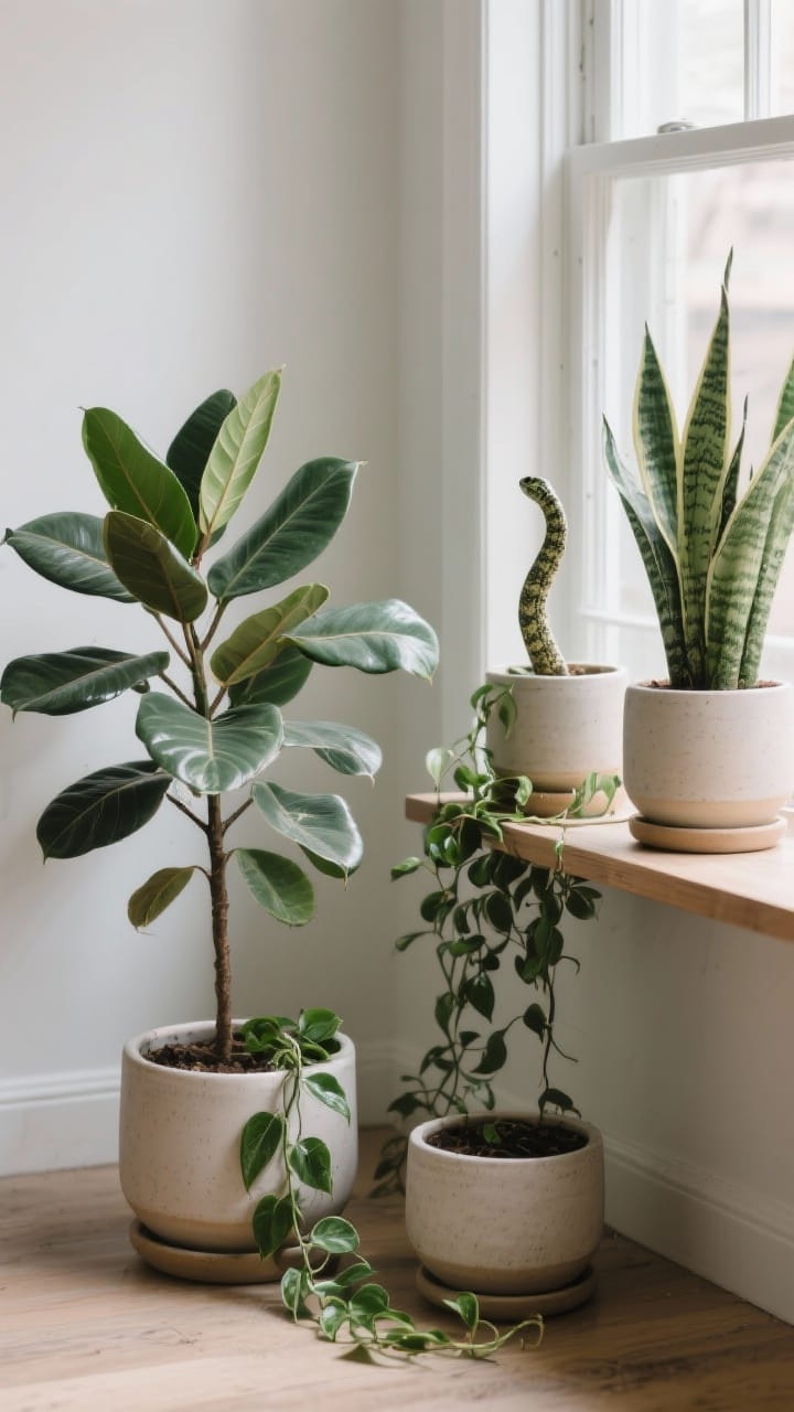 A medium closeup of low-maintenance houseplants in matching planters: a ZZ plant thriving in low light on the floor, a trailing pothos cascading off a shelf, and a snake plant with upright leaves beside a window; coordinated ceramic planters in different sizes, nursery pots nested inside for easy watering; fresh, photorealistic greenery.