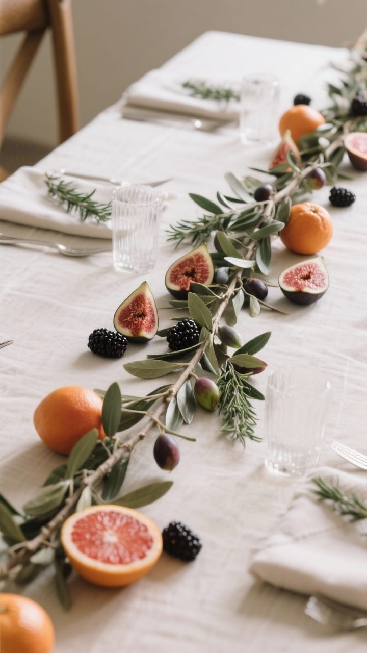 A medium overhead tablescape detail incorporating unexpected natural elements: olive or eucalyptus branches woven down the runner for structure, small clusters of figs, blackberries, and blood oranges scattered artfully, and thyme or rosemary sprigs tucked into napkins. Lightly polished fruit with a soft sheen. Natural, editorial feel with gentle side lighting.