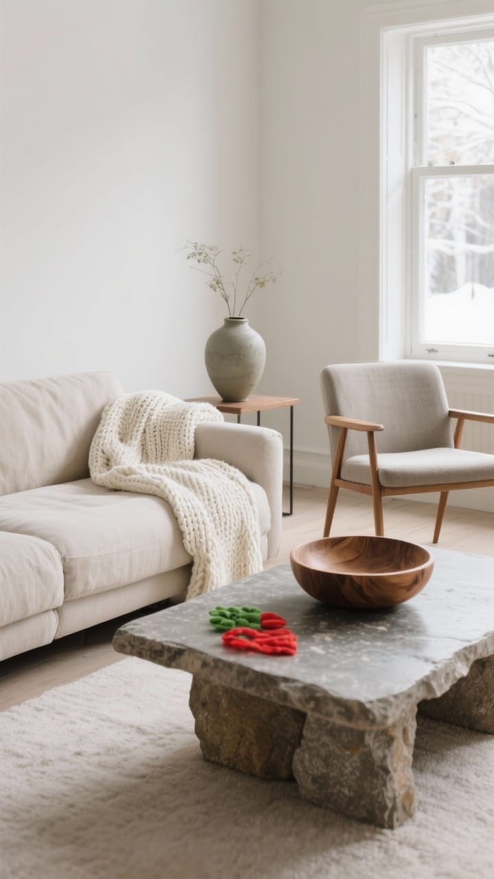 A medium shot of a freshly reset living room corner: a neutral linen sofa with a cream knit throw and a wood bowl on a stone-toned coffee table; surfaces are decluttered with intentional negative space, bright red/green decor removed; a ceramic vase in greige sits on a side table, and a side chair has been moved near a window for a mini furniture shuffle; soft daytime natural light, calm winter mood, photorealistic.
