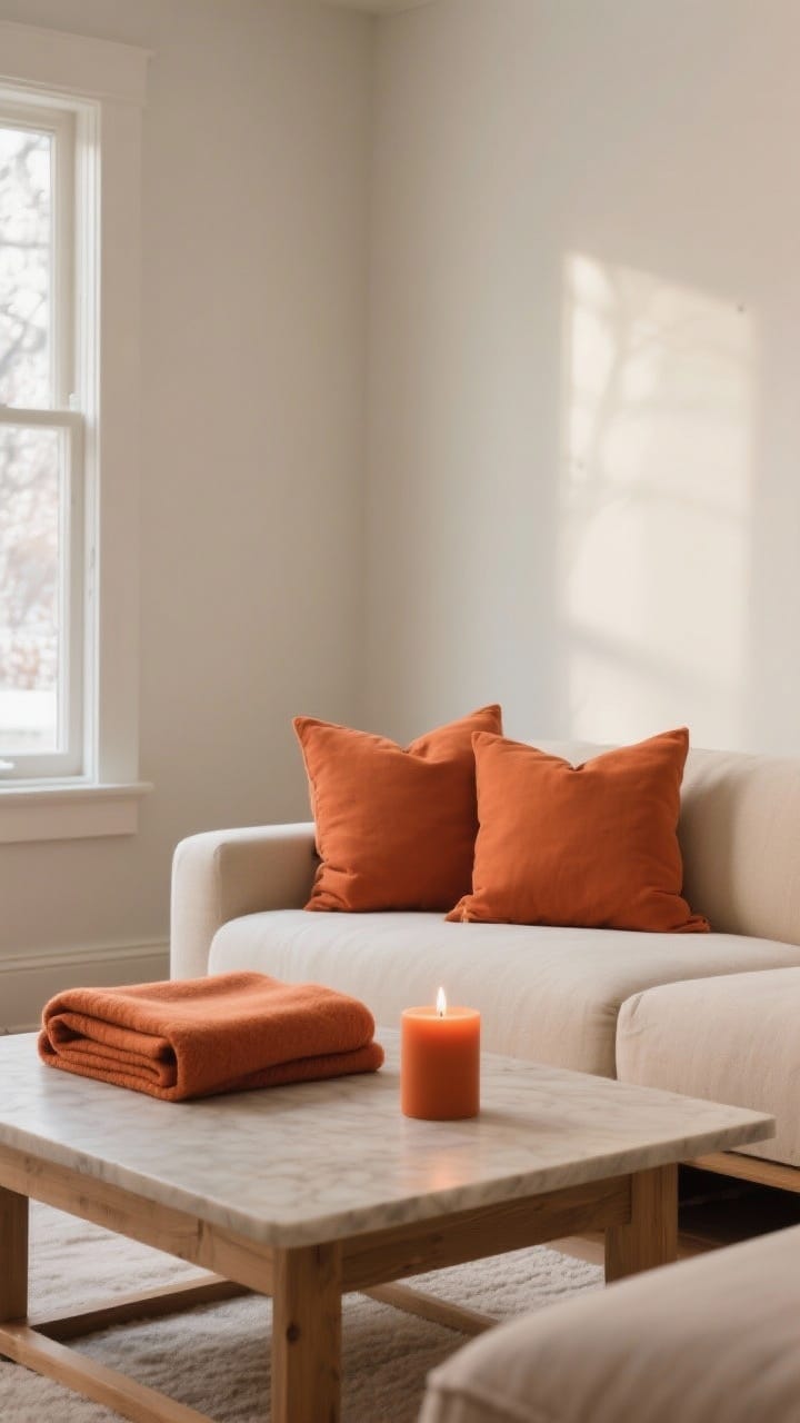 A medium shot of a neutral living room corner showcasing a micro-makeover color pivot in warm terracotta: matching throw pillows, a folded throw, and a terracotta-colored candle on the coffee table; big furnishings stay in beige and wood tones; soft afternoon winter light and a cohesive trio of accents that repeat the hue without repainting.