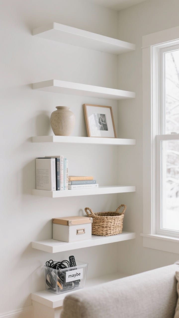 A medium, straight-on shot of a freshly decluttered living room shelf wall: neutral white shelves with 30% negative space, a few favorite books, a single ceramic vase, and one framed photo; woven baskets and lidded boxes neatly corral cords and small items on the lower shelf, and a clear acrylic bin labeled for remotes; bright winter daylight, calm and minimal with clean surfaces and intentional containment, no “maybe” pile clutter in sight.