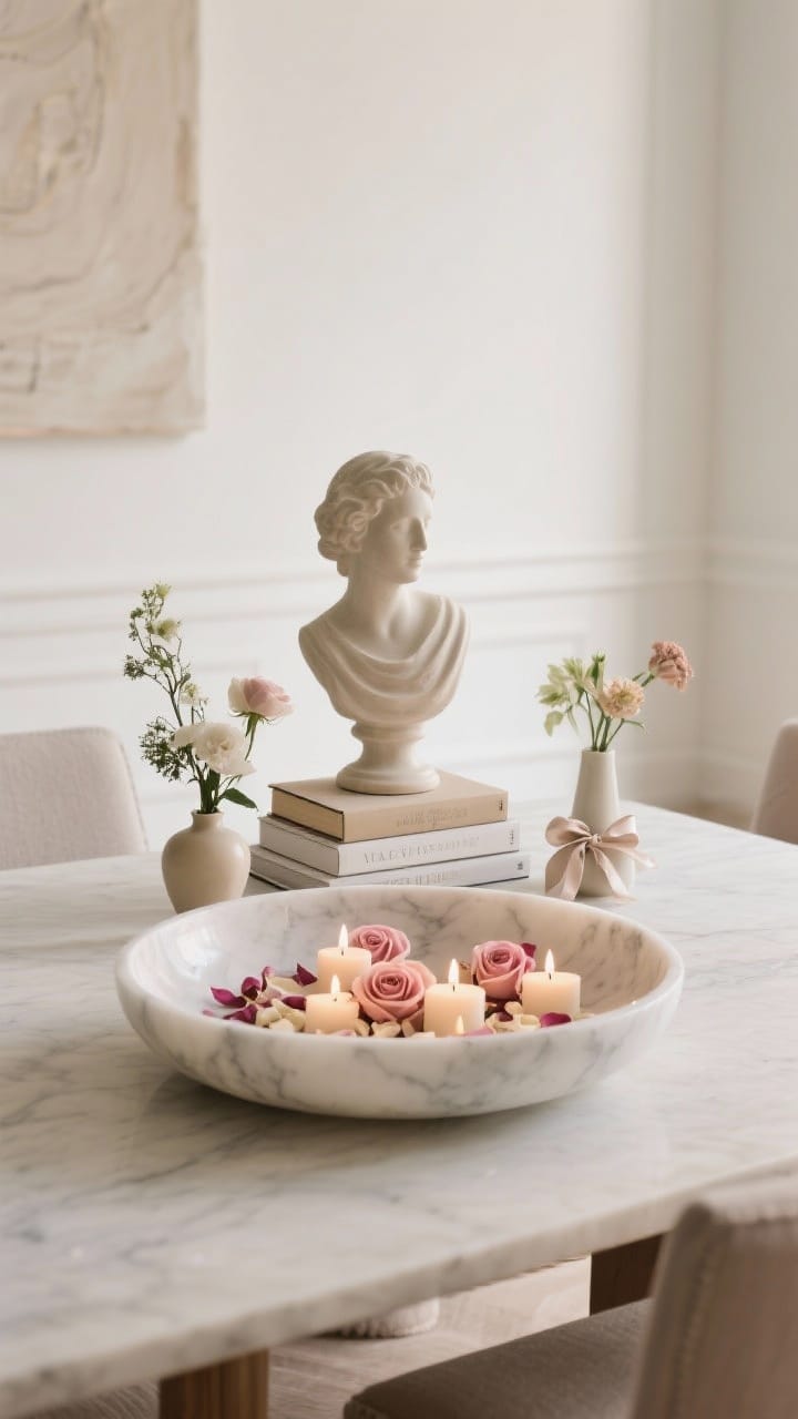 A medium, straight-on shot of a sculptural centerpiece alternative: a low marble or alabaster bowl filled with rose petals or floating candles, or a small ceramic bust/abstract sculpture flanked by low blooms. Optionally include a short stack of ribbon-tied books with a petite vase for height play. Keep the piece low or slightly off-center to preserve sightlines. Gallery-chic, softly lit.