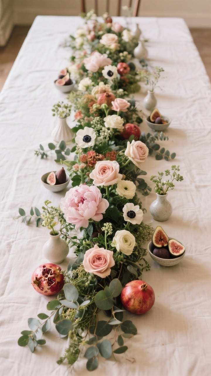 A medium top-down table-center view of a low, lush floral runner: peonies, garden roses, ranunculus, and anemones interspersed with ruscus/eucalyptus greenery, placed in a series of small bud vases and bowls along the center. Keep the arrangement asymmetrical and organic, with artful clusters of figs and pomegranates for a Renaissance vibe. Soft, romantic lighting at table level.
