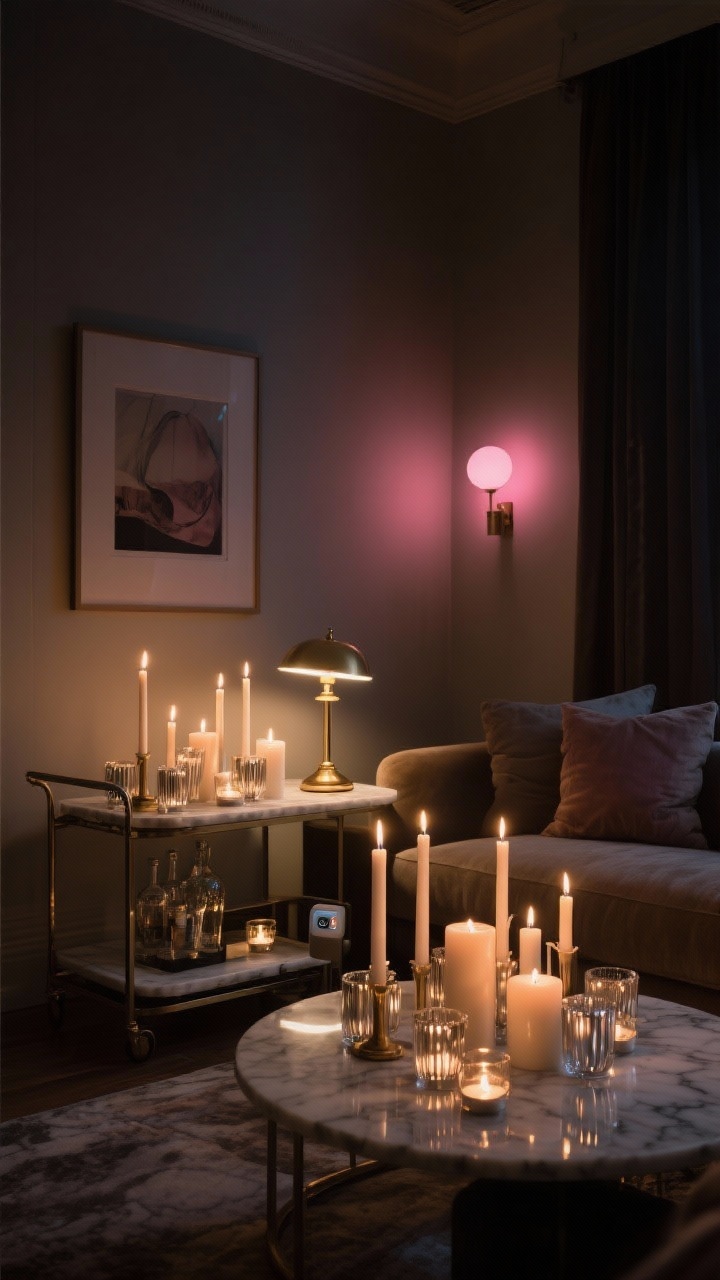 A moody, glam living room corner at night, photorealistic medium shot: warm 2700K dimmed lighting, layered with clusters of pillar candles, tapers, and tea lights in mercury glass holders on a marble-topped side table; a small brass table lamp glows on a bar cart; a battery-operated picture light softly washes a framed art print; a subtle rose-hued smart bulb casts a blushy wash on one wall; no overhead lights, velvety shadows, luxe ambiance.