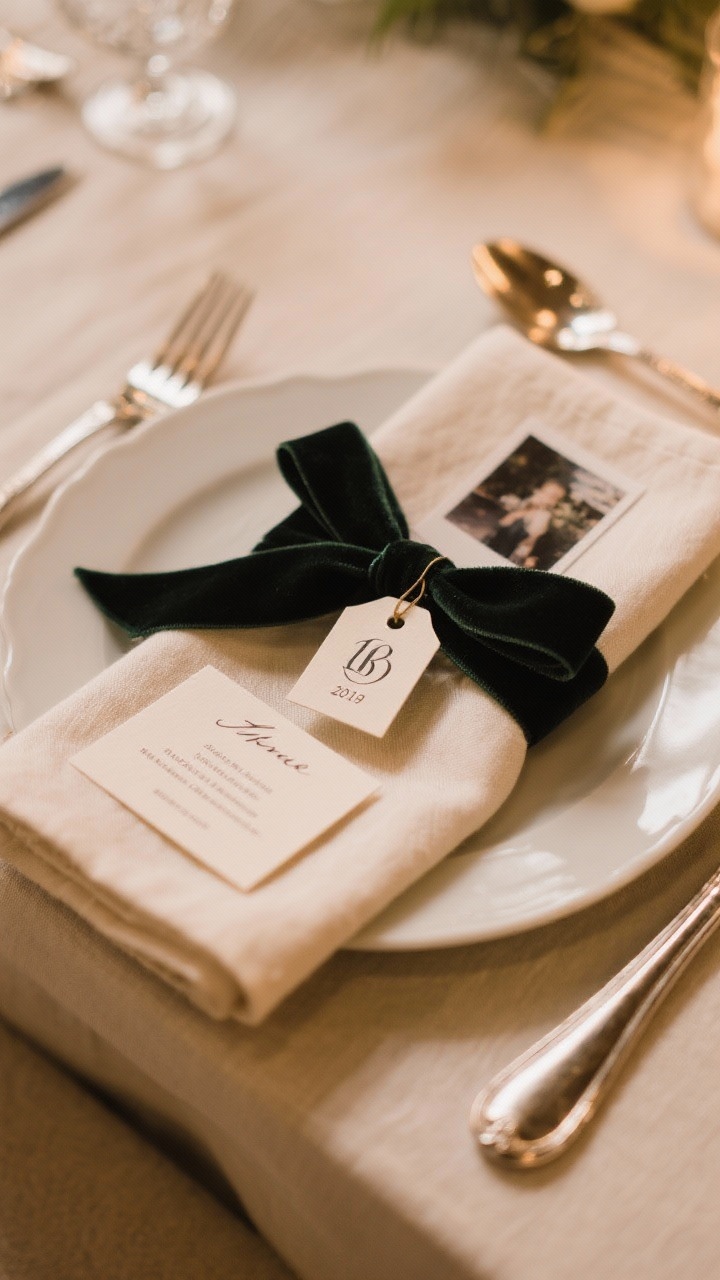 A personalized dining place setting, closeup detail shot from a slight overhead angle: a linen napkin tied with velvet ribbon and a small monogram tag; a minimal place card with a handwritten name; a tiny printed photo with date tucked near the plate; a slim card listing the evening’s signature scent notes; subtle metallic accents in flatware; warm, intimate lighting that highlights the thoughtful, high-touch details without crowding the scene.