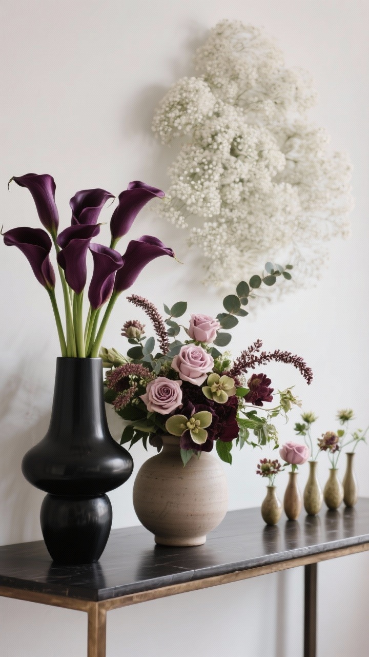 A sculptural floral arrangement vignette, medium shot on a console: monochrome deep plum calla lilies arranged in a matte black vase for dramatic contrast; beside it, a second textural mix arrangement featuring garden roses, hellebores, eucalyptus, and trailing amaranthus in a simple ceramic vessel; several small bud vases aligned down a table edge; editorial, modern-romantic mood, no baby’s breath unless abundantly clustered to form a cloud effect in the background.