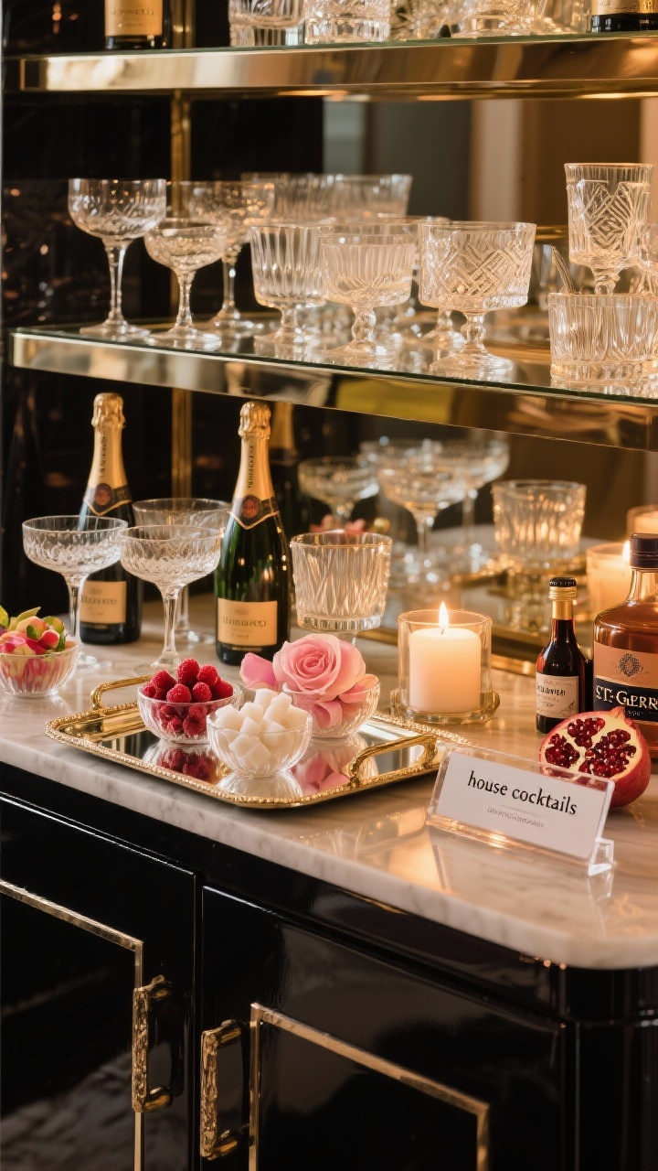 A sparkling champagne bar on a lacquered cabinet, three-quarter angle medium shot: a mirrored statement tray reflecting candlelight; an elegant mix of glassware—coupes and flutes, some etched and ribbed; garnishes displayed in small bowls—fresh raspberries, sugar cubes, food-grade rose petals, pomegranate arils; bottles of bitters and St‑Germain and Chambord; a small acrylic sign listing two “house cocktails”; warm ambient lighting with subtle highlights.
