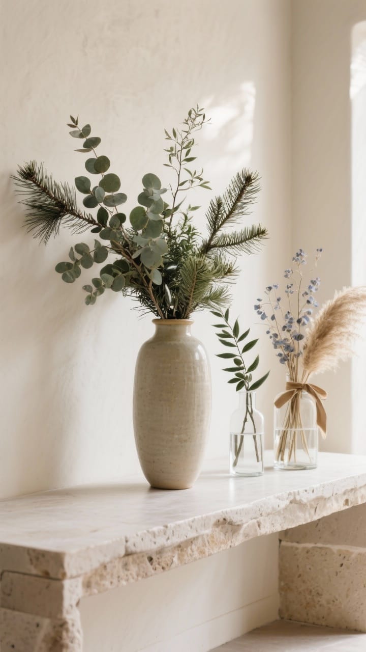 A straight-on medium shot of a console table with winter greenery: a tall ceramic vase holding loose cedar, eucalyptus, and pine clippings without ornaments; a second slim vase with olive branches; a third vessel with dried pampas and lunaria; minimal styling, no ribbons or baubles, water visible in the vases; neutral backdrop in cream and stone, gentle morning light.