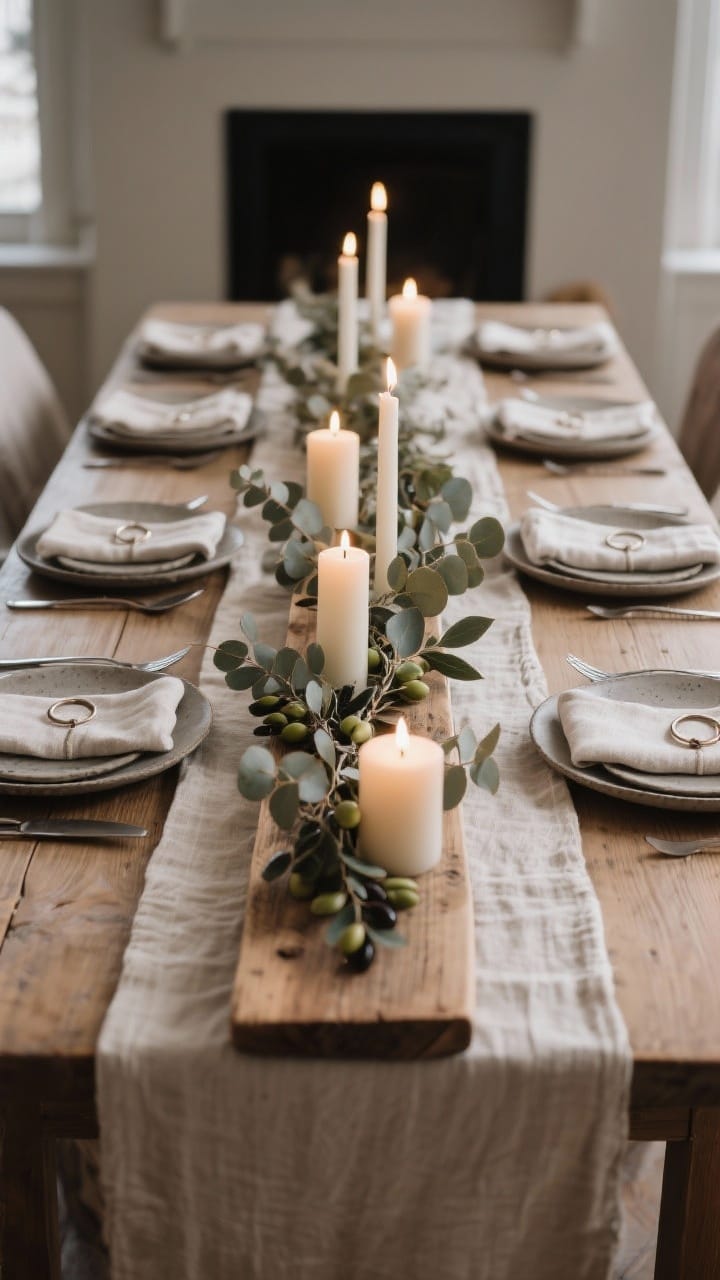 A straight-on medium shot of a winter dining table: a linen runner in neutral tones, a row of pillar candles at mixed heights on a long wood board centerpiece, asymmetric sprigs of eucalyptus and olive down the center; place settings with stoneware plates, matte flatware, and linen napkins with simple rings; cozy candlelit atmosphere.