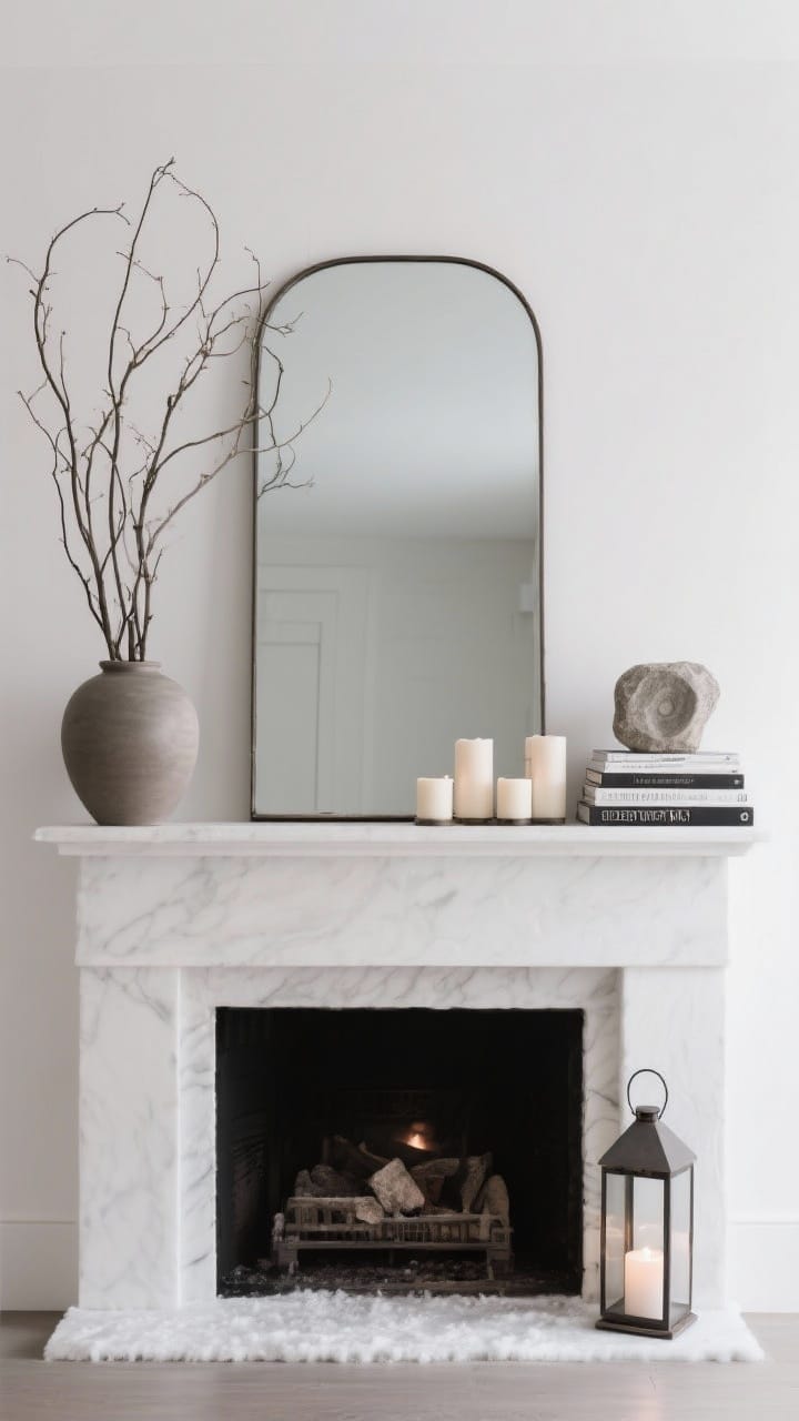 A straight-on medium shot of a winter mantel: a large mirror anchors the center; on the left, tall bare branches in a matte ceramic vase provide height; on the right, a stack of design books topped with a sculptural stone object balances the composition; a trio of candles and a small lantern add soft warmth; uncluttered, edit-friendly styling.