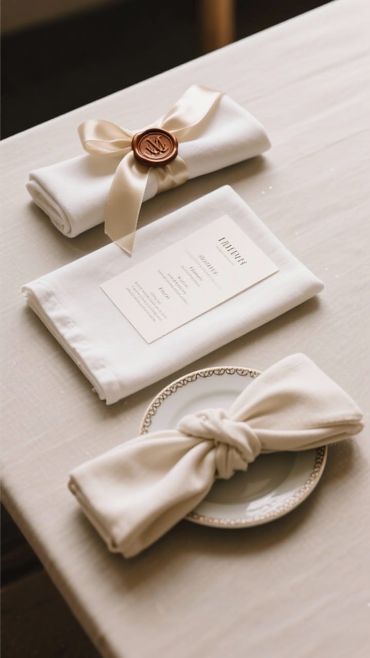 A tight, straight-on detail shot of napkin styling variations: three side-by-side examples on a neutral table—1) a neatly folded napkin wrapped with silk ribbon and a wax-sealed tag with initials, 2) a flat-lay napkin with a custom menu resting on top, 3) a softly knotted napkin set to one side of a plate. Include a subtle contrasting edge or picot trim on at least one napkin. Soft, flattering light.