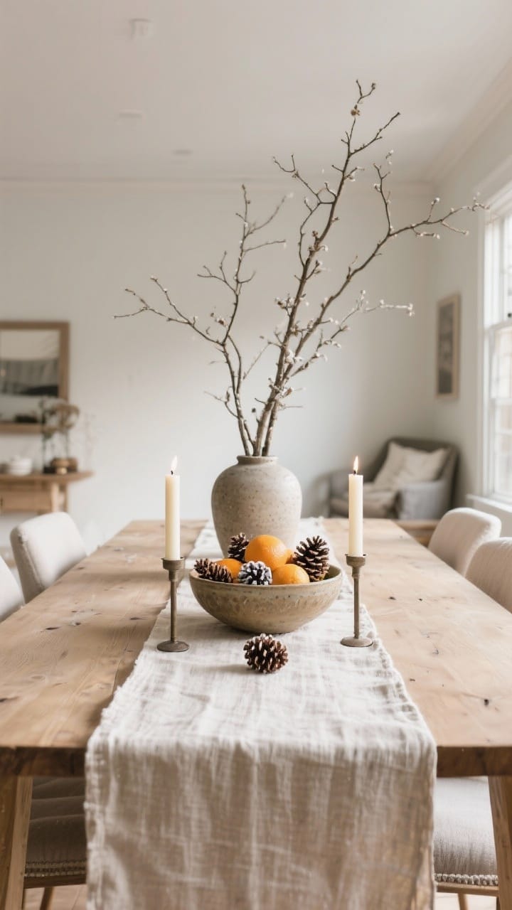 A wide dining table scene with winter-forward styling: a natural linen runner, a low ceramic bowl filled with winter citrus and pinecones at center, two pillar candles in simple holders flanking it, and a tall branch arrangement in a stoneware vase adding vertical drama; kept low enough for conversation; soft afternoon light.