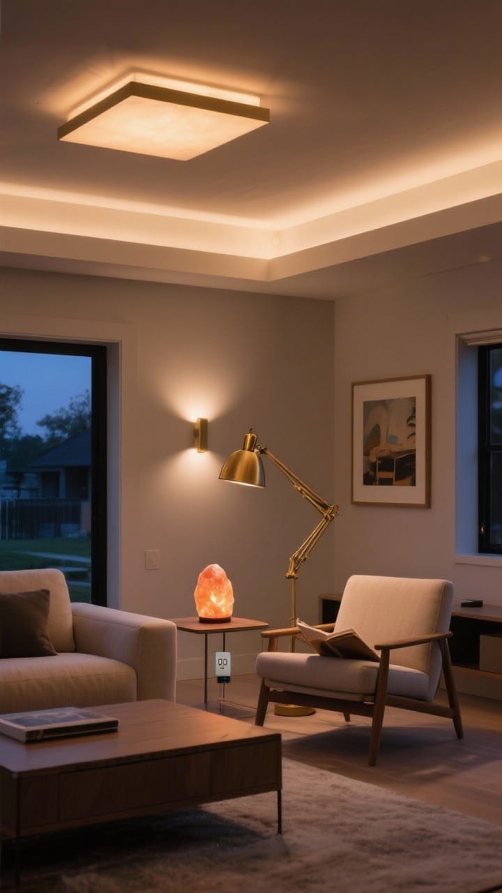 A wide evening shot demonstrating layered lighting in a modern living room: warm ambient ceiling light at 2700–3000K, a brass swing-arm task lamp beside a reading chair, subtle accent lighting from a picture light above art and a small salt lamp glowing on a side table; smart plug-enabled cohesiveness, no harsh overhead glare.