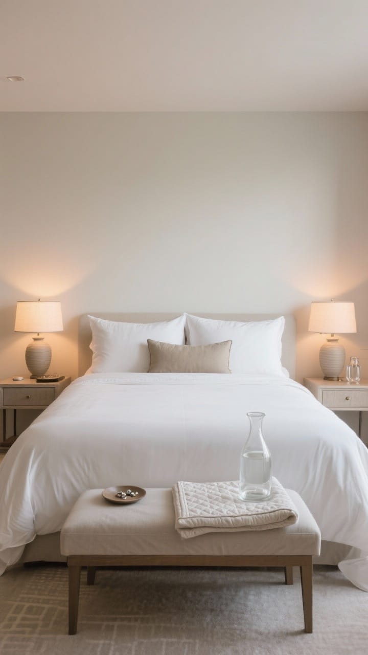 A wide, hotel-inspired bedroom shot: crisp white percale sheets, a lightweight duvet with a folded quilt at the foot, a pillow pyramid (two sleep pillows, two shams, one lumbar) in muted neutrals; warm 2700K bedside bulbs in ceramic lamps, a glass water carafe and a small dish for jewelry on each nightstand; serene, boutique feel.