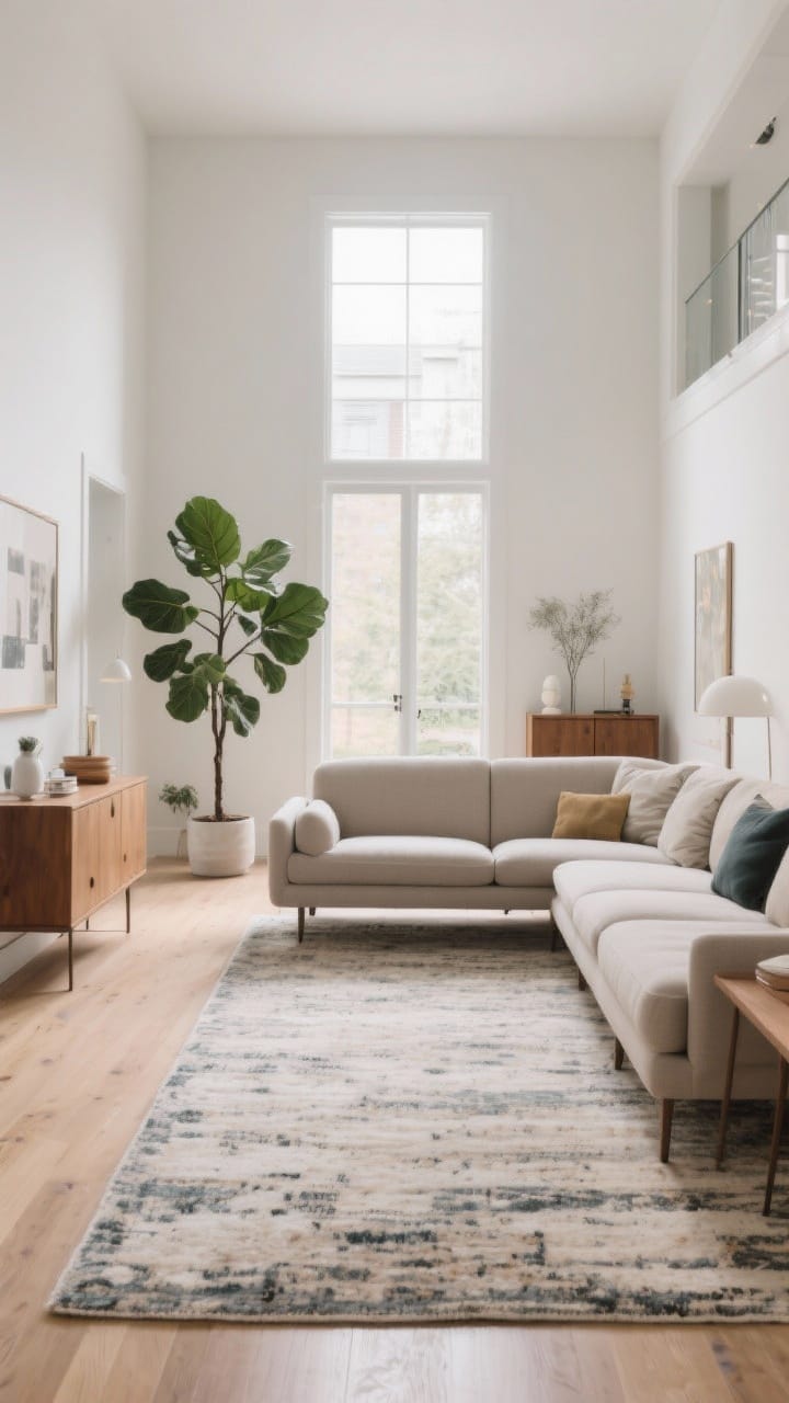 A wide living room shot illustrating a five-point furniture shuffle: the sofa floated 8 inches off the wall, a large rug anchoring the seating zone in an open concept layout, a tall fiddle-leaf fig balancing the height of a tall window opposite a cabinet, clear walking paths, and “symmetry-ish” accents—matching color/height elements on either side; before-and-after feel with refreshed flow.