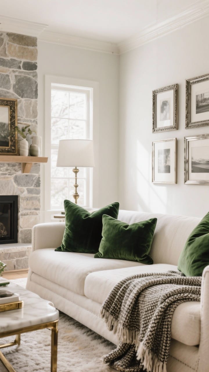 A wide shot of a living room showcasing a winter-neutral palette: base tones of cream, oatmeal, stone, and greige on walls and textiles; depth from charcoal and forest green accents including deep green velvet pillows and a tweed throw; brushed brass and antique silver picture frames add a soft metallic glow; overall calm, layered neutrals with one deep accent, soft afternoon light.