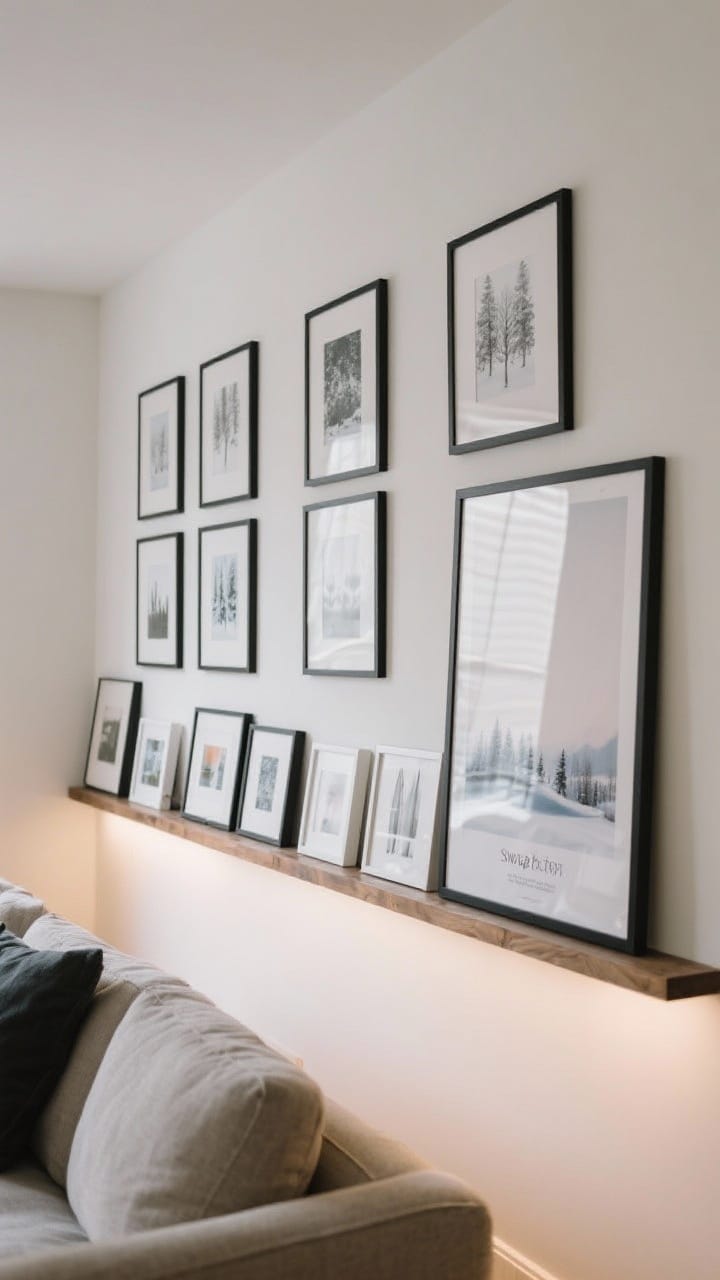 A wide shot of a living room wall featuring swap-friendly art: identical black frames with fresh winter prints, a long picture ledge displaying a layered gallery that can be rearranged, and a single oversized poster calming one section of the wall; extra prints tucked behind frame backings; soft ambient lighting for a curated, flexible feel.