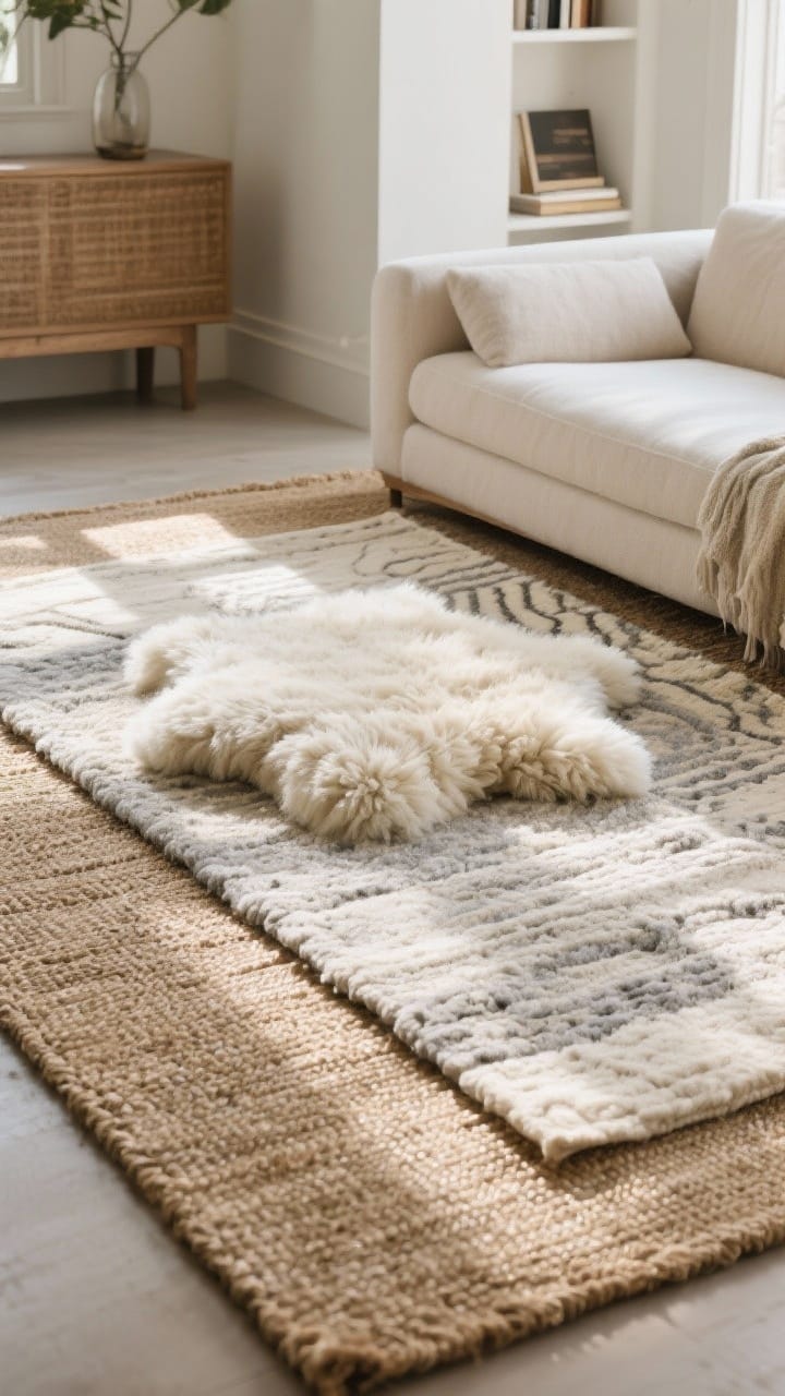 An angled medium shot of layered rugs in a living room: a natural jute base rug under a smaller plush faux sheepskin, both in a limited stone and cream palette; a wool flatweave option layered in an adjacent reading nook; subtle patterns and restrained colors to feel intentional; warm morning light grazing the textures.