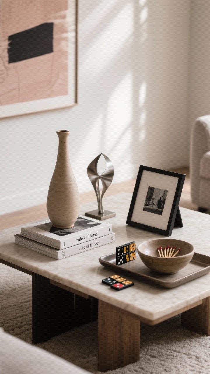 An artful coffee table vignette, overhead detail shot: the “rule of three” composition—one tall element (a slender ceramic vase), one sculptural piece (a small abstract metal object), and one low/wide element (a shallow bowl with matches); two stacked coffee table books used as risers; a framed black-and-white photo leaning on the tray; a domino set adding playful charm; nearby wall shows a swapped art print in sepia/blush/noir palette; soft, directional light for gentle shadows.