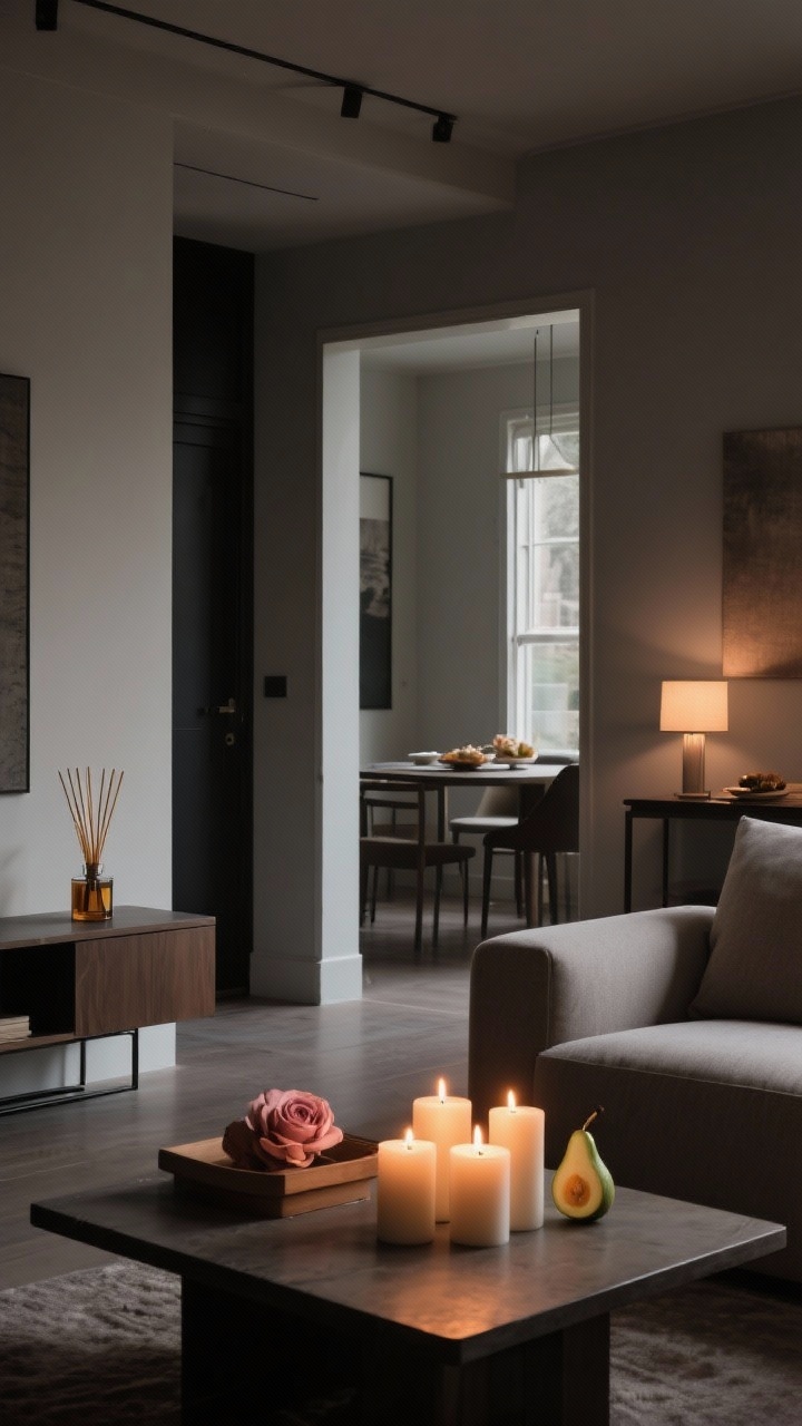 An atmospheric scent styling scene, medium shot in an entry and living room overlap: in the entry, a minimalist reed diffuser on a console introduces a light anchor note; in the living room, a cluster of candles on a low table suggesting amber/rose-oud warmth; a secondary lighter zone scent (fig/soft citrus) implied near the dining area; moody, controlled lighting with candle glow; no food on display, calm balance of 2–3 scent elements.