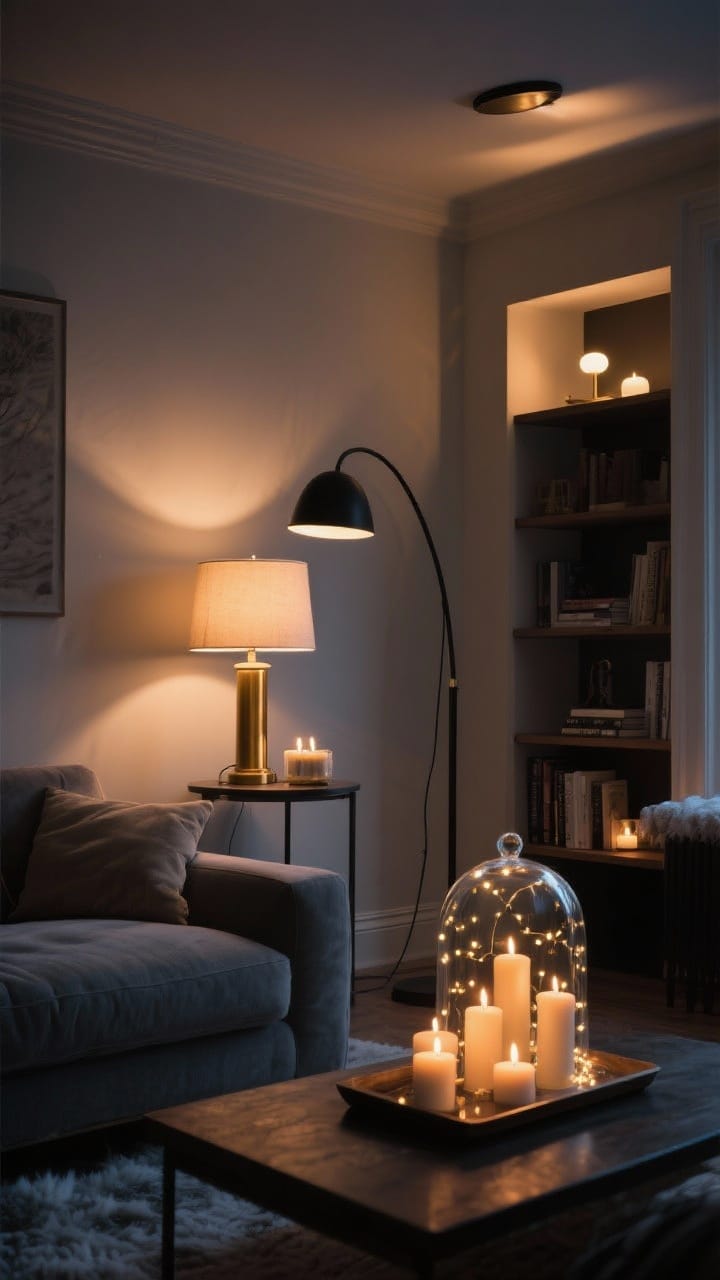 An intimate evening scene in a living room corner emphasizing layered lighting: three light sources including a brass table lamp and a black arc floor lamp with 2700–3000K warm bulbs, plus a cluster of pillar and votive candles on a tray; a glass cloche with fairy lights twinkles on a bookshelf; overhead lights off, cozy glow, moody winter ambiance.