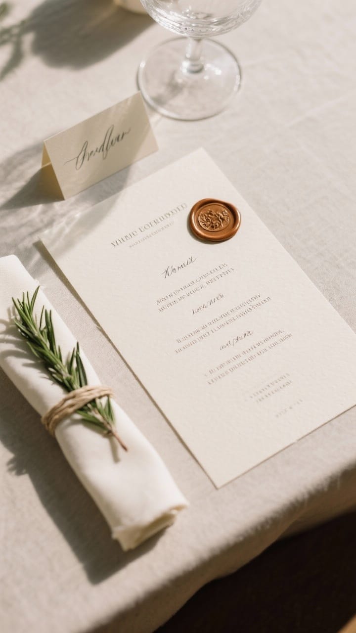 An overhead closeup of personalized paper details: heavy cardstock or vellum menus with a classic serif font, a wax seal, and a sprig of rosemary; alongside simple calligraphed place cards tied around a napkin ring or glass stem. Neutral tabletop background, gentle shadows, and tactile paper textures clearly visible. Elegant, keepsake-worthy mood.