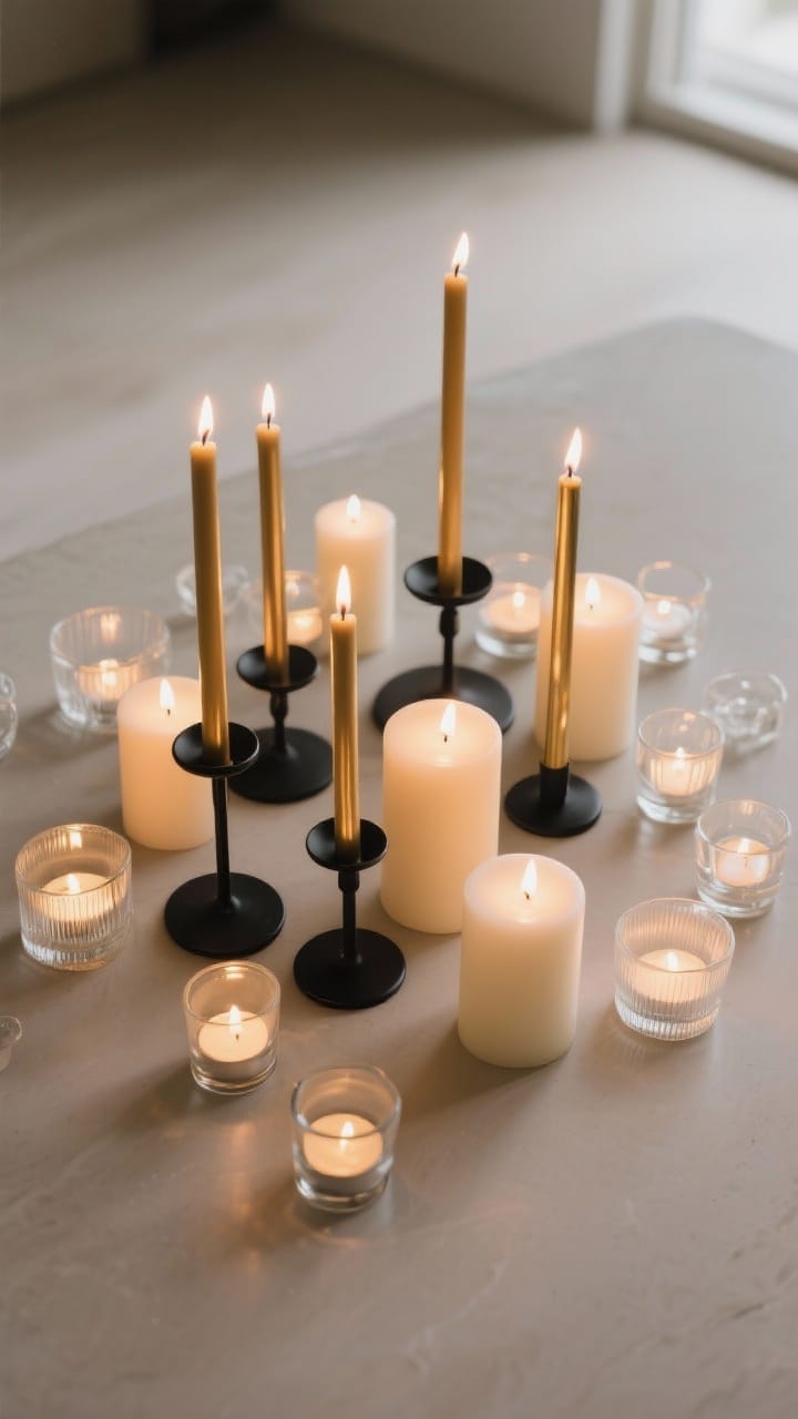 An overhead detail shot of a candle vignette with layered heights and finishes: slim taper candles in brass or matte black holders, a scatter of clear and frosted glass tea lights, and low pillar candles that don’t obstruct sightlines. Arrange in odd-numbered clusters on a neutral surface. Warm, layered candlelight dominates the scene; unscented or a single scent implied, with realistic flame glow reflecting off glass.
