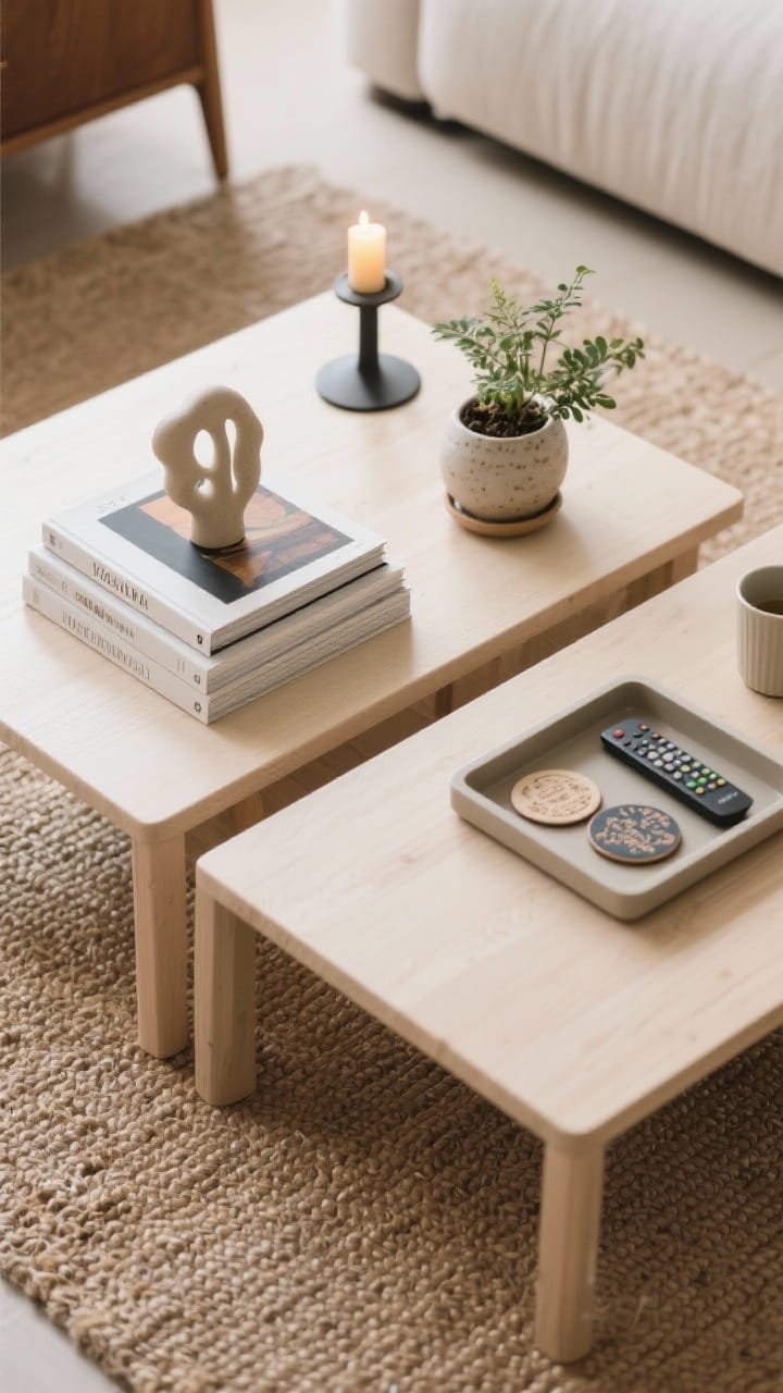 An overhead detail shot of a coffee table styled in quadrants: two stacked art books with a small sculptural object on top, a petite plant in a ceramic pot, a lit candle casting a gentle glow, and a low tray corralling remotes and coasters; varied heights, clear blank space left open for mugs, on a pale wood table over a jute rug.