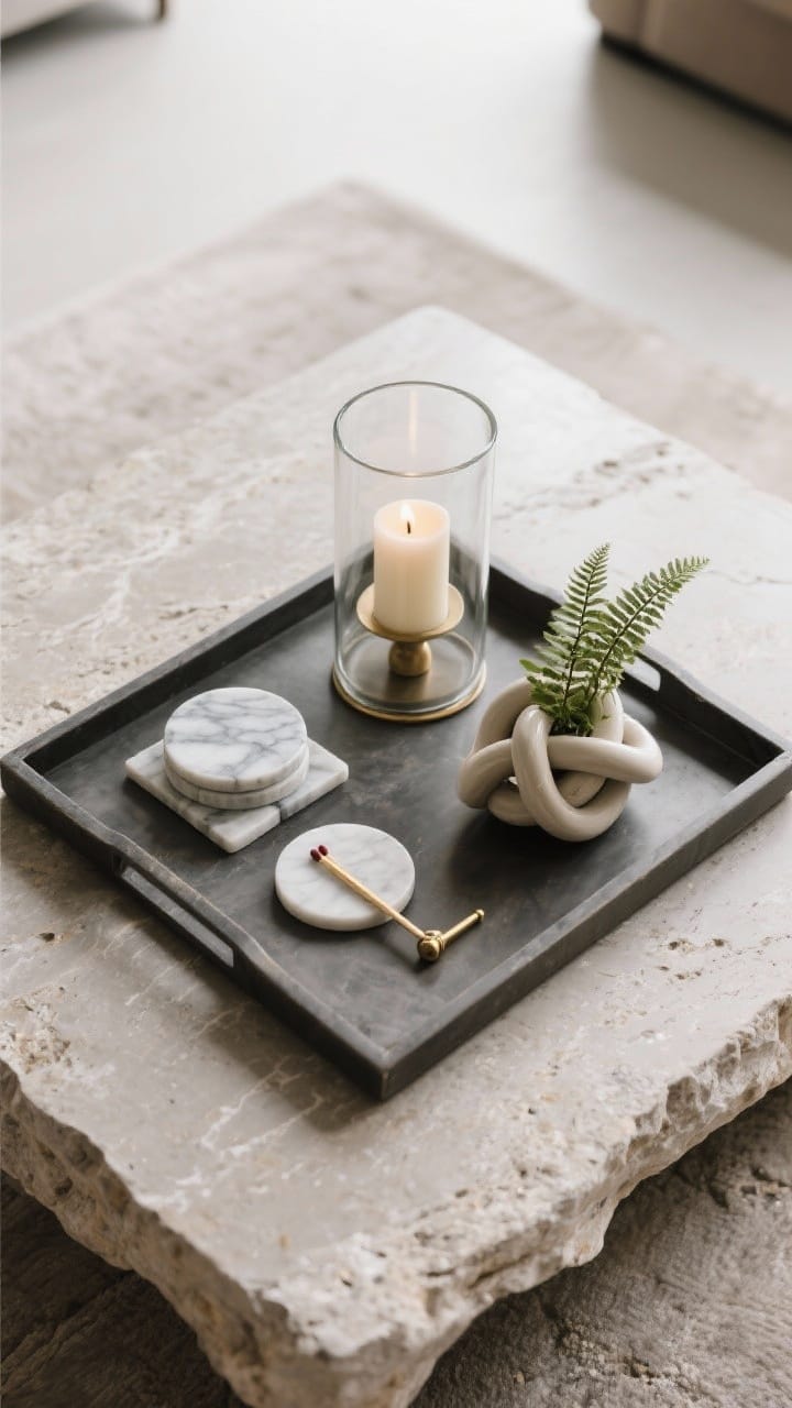 An overhead detail shot of a styled coffee table tray on a stone-toned surface: one tall element (a glass hurricane with a candle), one functional piece (marble coasters and a brass match striker), one sculptural moment (ceramic knot), and a small plant (mini fern) for life; varied heights and mixed textures, clean negative space around the tray.