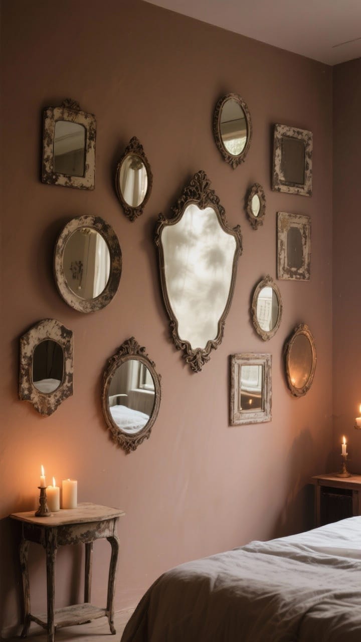Angled medium shot of mirrors and shadow play: a cluster gallery of small, mismatched antique mirrors with foxed, distressed finishes on a mushroom-colored wall; a larger ornate mirror angled to catch the glow of nearby candles, creating hazy reflections; subtle smoky ambience with gentle contrast, no mirror facing the bed directly; low, warm evening lighting.