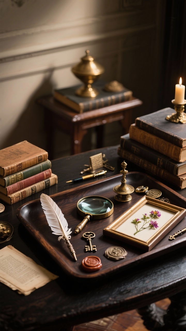 Closeup detail: Curated scholarly clutter arranged on a dark wood tray—quill pens, a magnifying glass, wax seals, vintage keys, and pressed flowers in a small frame; grouped in odd numbers for an organic look; a mini study altar nearby with a stack of books, a brass object, and an unlit candle; rich shadows and warm highlights, photorealistic.