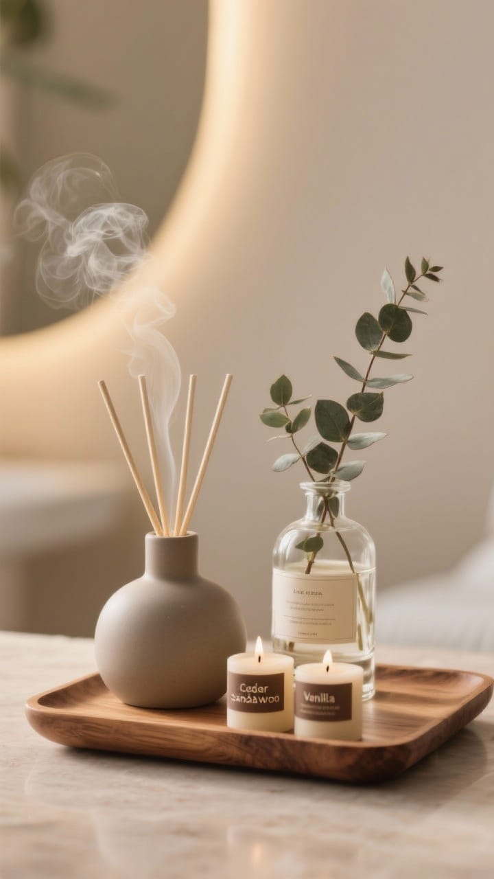 Closeup detail of a scent vignette: a matte ceramic diffuser emitting a thin wisp next to a small candle trio labeled cedar, sandalwood, and vanilla; a glass bottle with eucalyptus stems for an herbal note; soft, consistent aroma mood implied, not overpowering; warm ambient lighting, natural wood tray, photorealistic texture and glow.