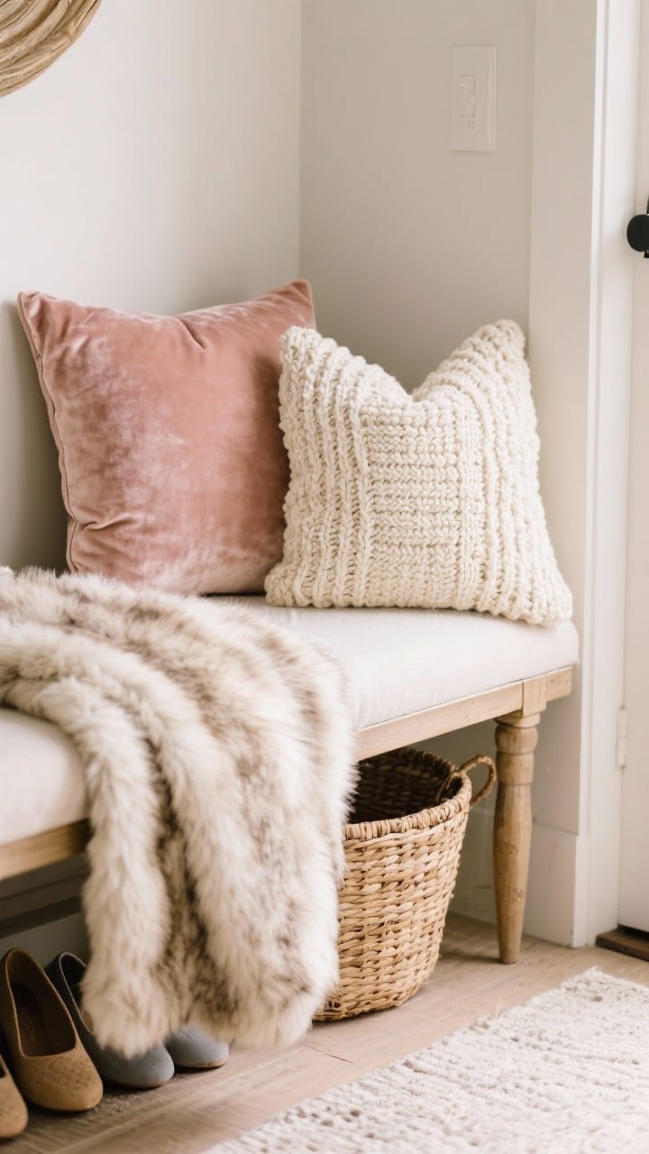 Closeup detail of cozy seating textures on an entry bench: a faux fur throw draped casually, one velvet cushion in soft blush, and one chunky-knit pillow in cream; fabrics mixed (velvet, boucle, knit) with a woven basket tucked beneath for hidden shoe storage; warm, huggable textures under soft natural light; limited to two pillows to keep seat functional.