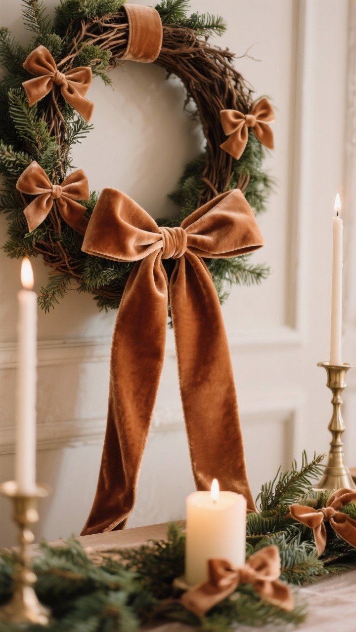 Closeup detail of luxe ribbon styling: wide 2–3 inch velvet or silk ribbon used across the scene—long tails on a wreath, loose knots on a garland, tiny bows tied around candlesticks; ribbon color matched to a specific accent in the palette for cohesion; soft, warm lighting that makes the ribbon texture and sheen pop; photorealistic.