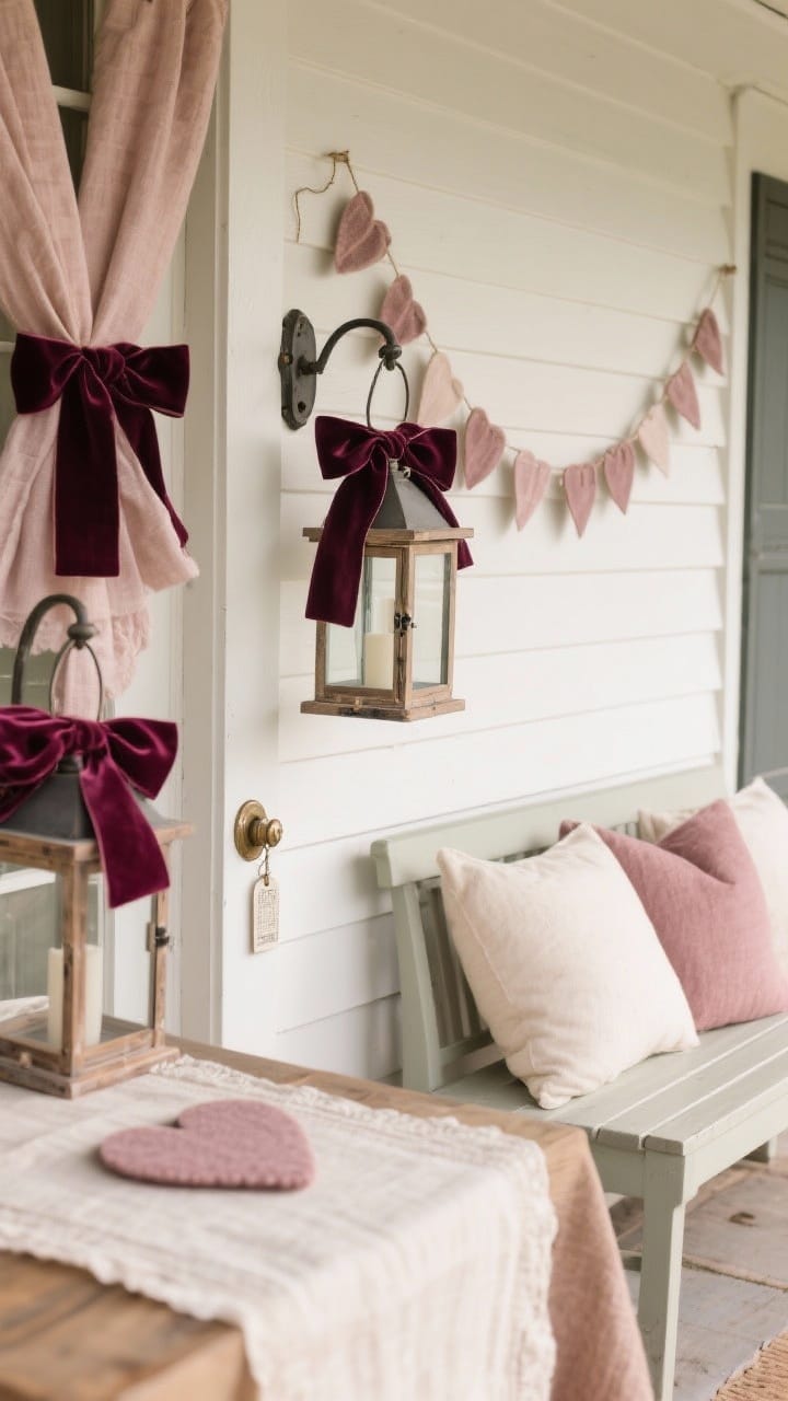 Closeup detail of ribbons and textiles layered across the porch: velvet bows tied onto lantern handles and a doorknob, a linen table runner beneath, and a felt heart garland strung across a bench back. Show outdoor-safe fabric tags and a light sheen from fabric protector spray on pillows. Color palette limited to two or three hues (blush, berry, cream) for cohesive styling. Soft diffused light highlighting textures.