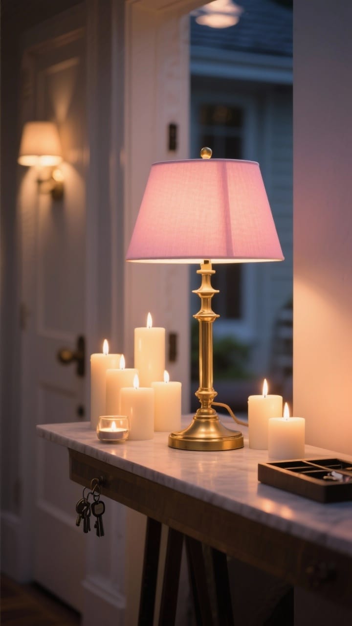 Closeup detail of warm, dimmable lighting in an entry: a brass table lamp with a subtle pink-tinted shade glowing at 2700K, flanked by a cluster of flameless pillar candles and tea lights; soft, dreamy illumination that flatters; subdued background with a console edge and keys tray barely visible; evening ambiance, no overhead glare.
