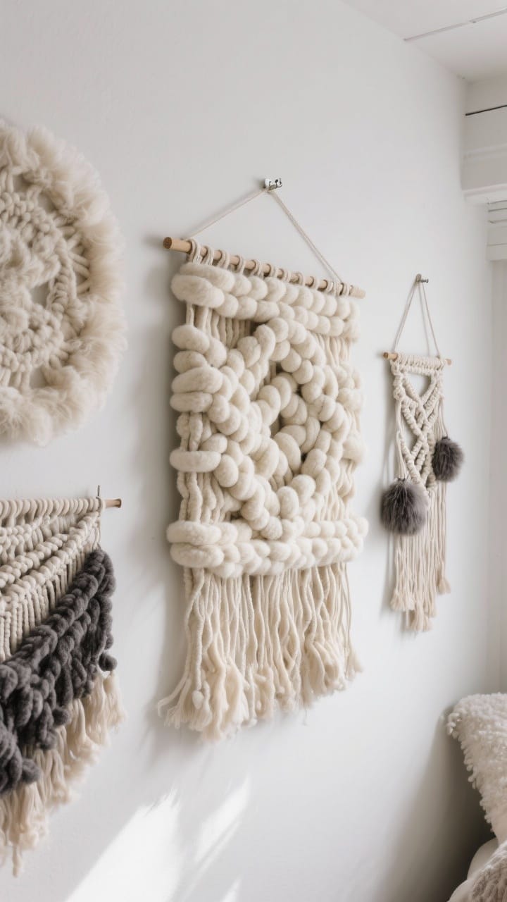 Closeup detail shot: a layered gallery of textured wall hangings on a matte white wall—one large chunky woven wool tapestry centered in cream and oatmeal with boucle loops, flanked by two smaller macramé pieces with wool accents in charcoal; soft, diffused winter daylight highlights the tufted, nubby textures; tonal palette only, Command hooks subtly visible, sound-absorbing textiles creating a calm, cozy ski-chalet vibe.