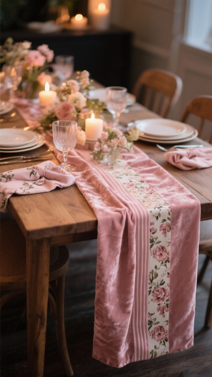 Closeup detail shot of a Valentine’s dinner table runner as the star: a long velvet runner in soft blush draping several inches over the table ends, styled on a natural wood table. Layered centerpieces, plates, and glassware are subtly grounded by the runner. Include optional alternates along the same runner: a blush stripe linen and a floral print swatch folded at one end to hint at pattern play. Soft, romantic evening lighting with warm candle glow, shallow depth of field emphasizing plush velvet texture and cohesive styling.