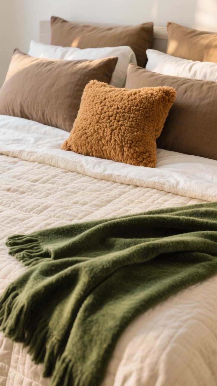 Closeup detail shot of a winter bed layering vignette: breathable percale sheets in soft cream, topped with a thin oatmeal quilt for weight and a fluffy ivory duvet folded at the foot; mix of textures shown prominently—linen shams in warm taupe, a buttery forest-green velvet throw draped casually, and a chunky knit sherpa pillow in caramel; tight 3-color palette (oatmeal, caramel, forest green); warm afternoon natural light grazing the fabrics to highlight weave and pile; straight-on angle focused on the texture interplay.