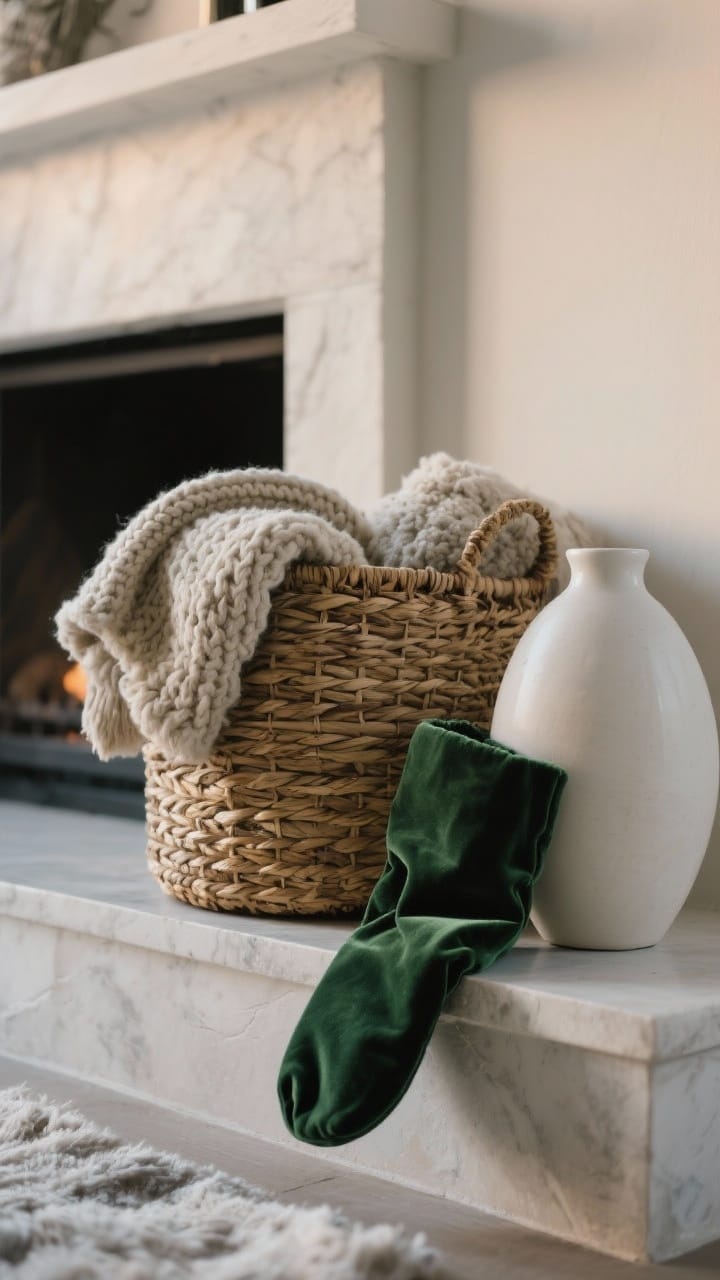 Closeup detail shot of layered winter textures on a hearth: a woven seagrass basket holding chunky knit throws, a faux sheepskin draped over the hearth edge, a folded velvet stocking in deep green beside a smooth white ceramic vase; tonal palette of cream, gray, and deep green; soft, diffused evening light emphasizing tactile surfaces; straight-on angle focusing on materials and layering, photorealistic.