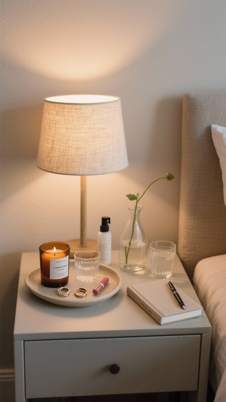 Closeup of a calm, nurturing nightstand: dimmable fabric-shade lamp casting a warm pool of light; a small ceramic tray corralling rings, glasses, and lip balm; an amber-glass candle labeled cedar/vanilla and a linen spray; a glass carafe with matching tumbler; a linen-bound book and slim journal with pen; a tiny bud vase with a single stem; styled against a quiet backdrop, photographed straight-on for a serene, uncluttered feel.