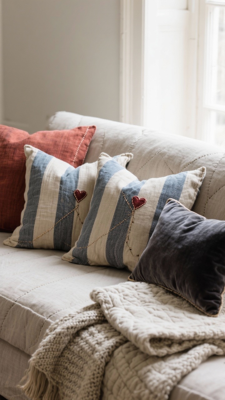 Closeup of a linen sofa seat with grain sack-inspired pillows in French ticking stripes (blue-gray, faded red, charcoal), each with a small stitched heart in one corner. Layered textures: chunky knit throw draped casually, linen quilt folded nearby, and one small velvet pillow for a luxe touch. Natural window light skimming across fabrics to reveal weave and stitching; colors remain muted and cozy.