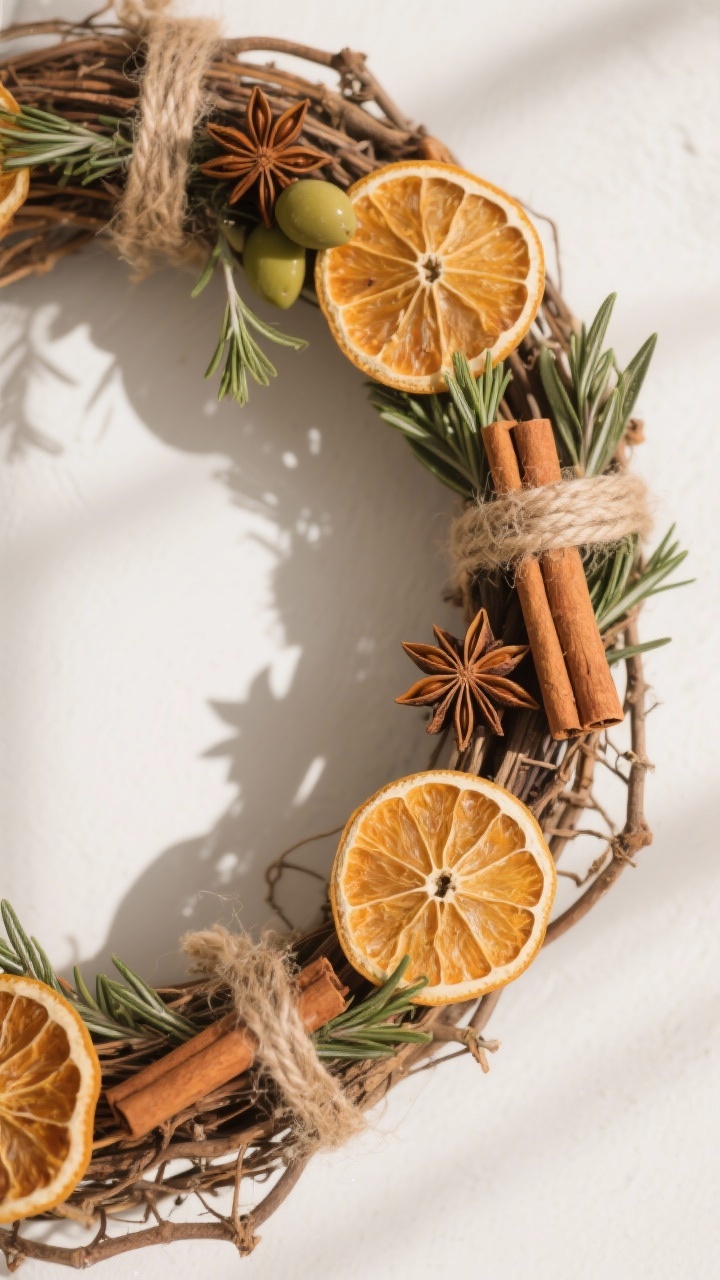 Closeup of a rustic grapevine wreath wrapped with a garland of dried orange slices, star anise, and cinnamon sticks threaded on twine; airy sprigs of olive and rosemary tucked into the vines for movement; natural, handmade look with warm, spicy tones; shot at a slight angle to highlight the wreath’s wonky texture; soft morning light