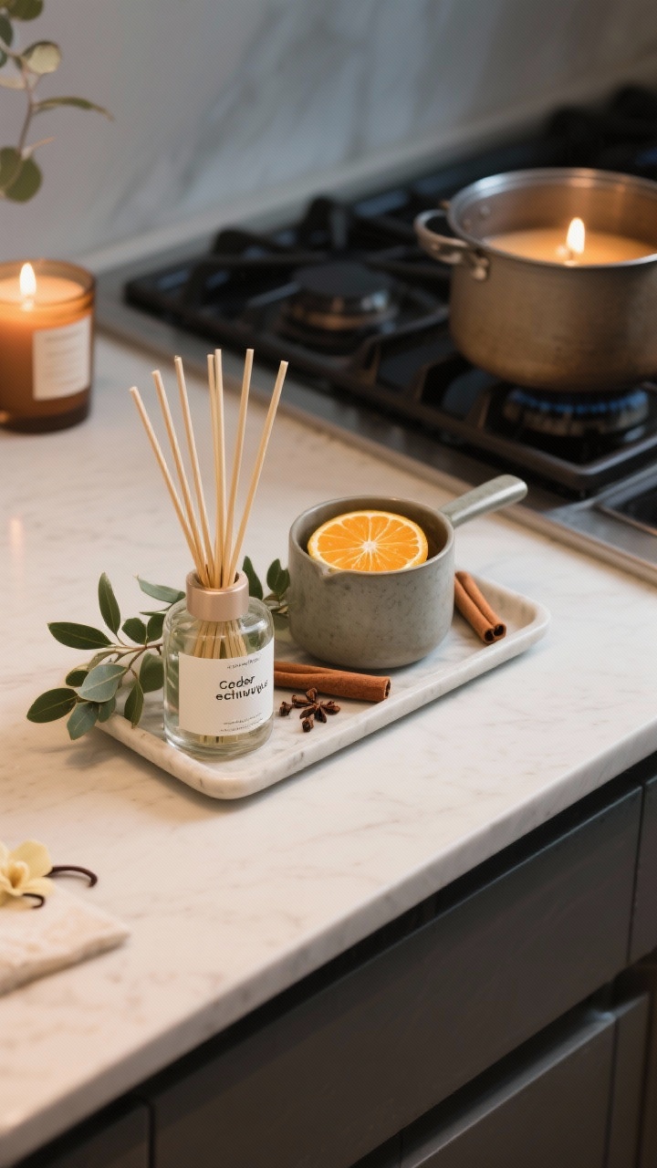 Closeup of a scent vignette on a tray: daytime set with reed diffuser labeled cedar/eucalyptus and sprigs of eucalyptus, plus a simmer pot with orange slices, cinnamon sticks, and cloves on a nearby cooktop; alternate nighttime elements present but unlit (vanilla/amber candle) to imply rotation; gentle ambient light; clean, not overpowering; photorealistic.