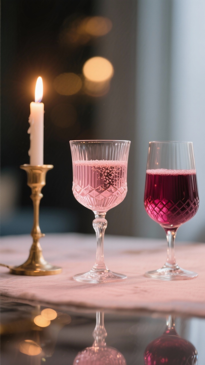 Closeup of blush glassware ensemble: a ribbed, faceted blush water glass catching candlelight, a ruby-toned coupe filled with bubbly, and a deeper berry goblet. Subtle reflections and mixed shades from light blush to deeper berry for depth. Brass candlestick bokeh in background to enhance warmth. Evening ambient lighting with gentle highlights on textured glass.