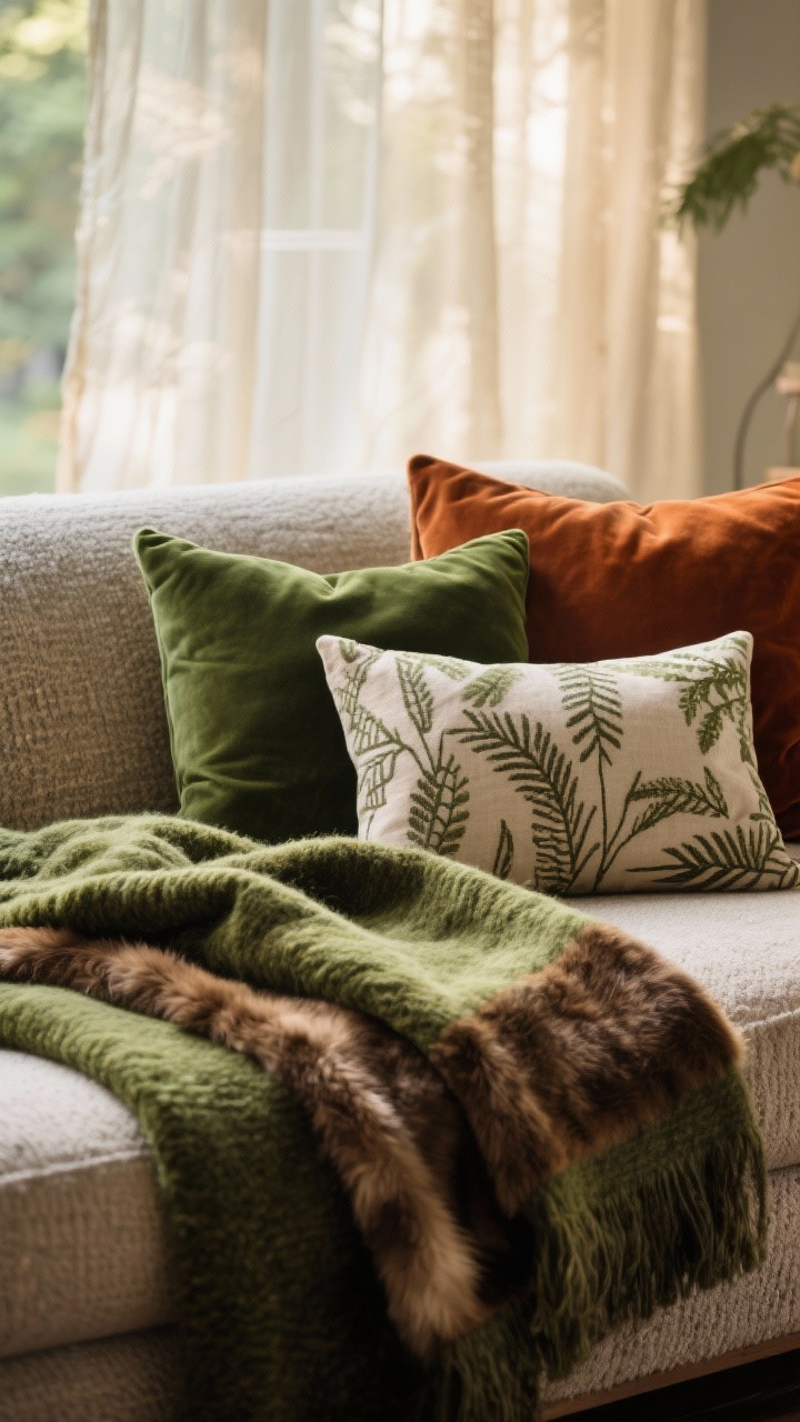 Closeup of forest-inspired textiles: layered throws in wool and alpaca in mossy greens and browns, a folded faux fur blanket, velvet and linen pillows with subtle botanical and geometric patterns; color story shows two to three greens with an accent of rust or ochre; placed on a textured sofa with sheer linen curtains blurred in the background; warm, soft natural light emphasizing weave and pile.