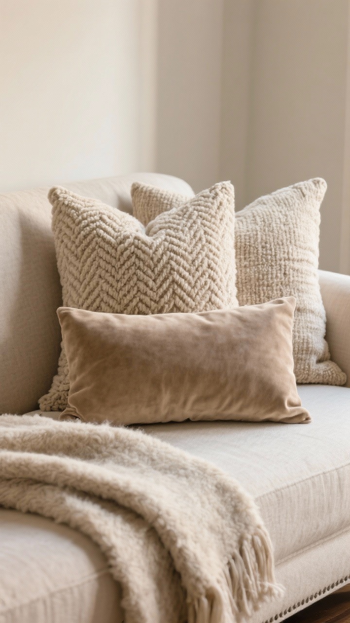 Closeup of upgraded winter textiles on a sofa: 24-inch neutral linen pillows as the base, 22-inch textured pillows in boucle or herringbone layered in front, and a 12x20 suede or velvet lumbar for luxe; a coordinating throw matching one pillow tone (not the sofa) casually draped; tonal palette with wool, mohair, thick linen textures, soft warm light, photorealistic.