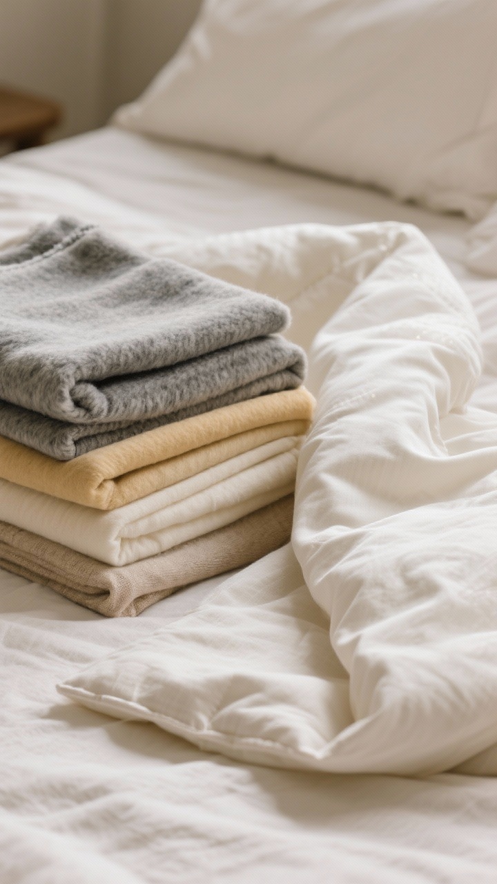 Closeup overhead detail of winter bedding fabrics: a neat stack/fan of swatches and partial linens on a bed—flannel in heathered gray, brushed cotton in warm cream, relaxed natural linen in oatmeal, and smooth sateen in soft ivory; a folded sateen duvet corner overlapping linen sheets to show mixing; gentle side light emphasizing hand-feel and luster differences; neutral, cozy mood with a restrained palette.