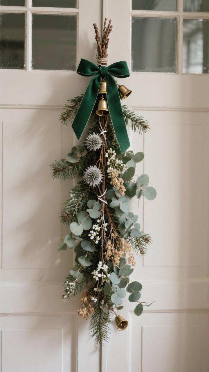 Closeup, straight-on shot of a vertical winter door swag hanging on a paneled door with glass inserts. The swag layers cedar, fir, and eucalyptus with small dried florals like thistle and baby’s breath. Stems are tightly wrapped with floral wire and covered by a forest-green ribbon, finished with a neat bow and a small cluster of matte brass bells. Narrow profile to avoid blocking glass panels. Soft, diffused daylight highlighting botanical details.