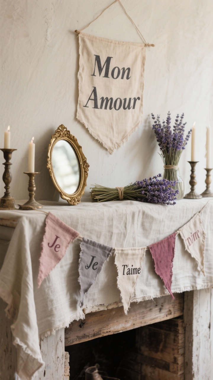 Closeup, straight-on view of a rustic mantel styled with torn-edge linen pennant banner stamped with “Mon Amour” and “Je T’aime” in muted charcoal and faded berry, draped asymmetrically; layered with mismatched vintage candlesticks, a small gilded mirror, and bundles of dried lavender. Color palette in linens and props: soft neutrals (flax, cream, greige) with subtle dusty rose accents. Soft natural afternoon light for a cozy French farmhouse mood, photorealistic textures of linen and aged wood.